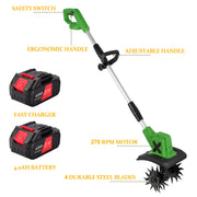 HUSGW 21V Cordless Tiller Cultivator, 9In Clearing Width, 6In Cutting Depth, 4 Steel Tines, Includes 2 4.0Ah Batteries and Charger