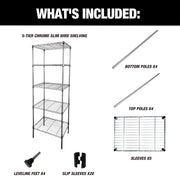WorkPro 5-Tier Chrome Slim Wire Storage Shelves, Adjustable Steel Unit, Silver