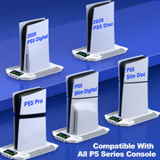 Qixun Tech PS5 Stand Cooling Fan with Dual Controller Charger Dock and Headset Holder, White, Compatible with PS5 Slim Digital Disc Pro, Q183