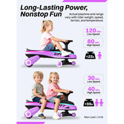 ZIFFY Electric Wiggle Car, 6V 5.5Ah Rechargeable Battery, 2 Speed Ride-On Toy with LED Wheels, Triple Anti-Rollover Safety, Purple