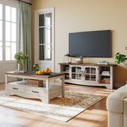 LINSY HOME Modern Farmhouse TV Stand with Adjustable Shelves and Glass Panel Doors, Oak Finish, Fits TVs up to 65 Inches