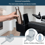 Wheelchair Cupholder and Phone Holder, Dual Storage, Black Plastic, Armrest Mount
