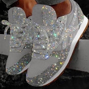 DIOXADOP Women's Casual Lace-Up Sneakers, Breathable Crystal Sparkling Design, Comfortable Wide Fit Flat Platform Heels
