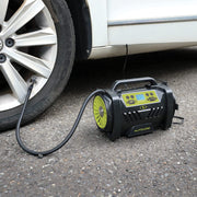 Snow Joe ATJ-AIR1-HYB Hybrid 12-Volt 110-Volt AC High Volume Tire Inflator Deflator with Digital Pressure Gauge Tire Air Chuck Adaptor Sports Pin General Inflatable Valve & Auto Shut off High V