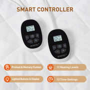 HOMTEC Heated Mattress Pad, Dual Controllers, 12 Heat Settings, Quick Preheat, Memory Function, Deep 24-Inch Pocket, Queen Size