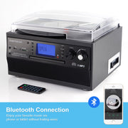 Caymuller Record Player Bluetooth Turntable with CD Player, Cassette, AM/FM Radio, Aux In, Stereo Speakers, Vinyl to MP3 Recording, Silver M504-FX