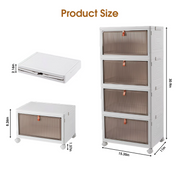 GARITIN 92 Qt Stackable Storage Bins with Lids and Wheels, 4 Tier Folding Storage Box with Doors, Plastic Closet Organizers and Storage Containers for Living Room, Office, Dorm
