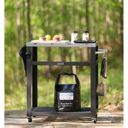 NUUK 32in Outdoor Prep Station Grill Cart, Stainless Steel Top, Black Steel Frame, Three Shelves, Movable with Wheels and Handle, MC610