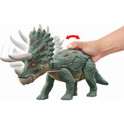 Jurassic World Gigantic Trackers Triceratops Dinosaur Action Figure Toy, Spin Wheel Attack Motion, Dramatic Evolution Feature, Multi-Color, 14 in