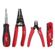 Milwaukee 48-22-6119 Electrician's Hand Tool Set, 4-Piece, Swing-Lock Wire Stripper, Curved Blade Pliers, 11-in-1 Multi-Bit Screwdriver, FASTBACK Utility Knife, Mini Flush Cutters, 48-22-6119