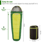 Invoker Mummy Sleeping Bag, Thermally Insulating Hollow Cotton Fill, Water-Resistant Rip-Stop Polyester Shell, Lightweight 5 lb, 90 x 31.5 in, 32-59 F Temperature Range