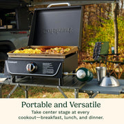 Cuisinart 17-in Tabletop Gas Griddle with Hood, 255 sq in Carbon Steel Cooking Surface, Portable Outdoor Flat-Top Grill, Black, CGG-9236