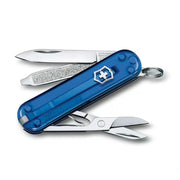 Victorinox Classic SD Swiss Army Knife, Compact, 7 Functions, Swiss Made Pocket Knife with Small Blade, Screwdriver and Key Ring - Transparent Blue