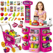 UUSUOO Supermarket Playset for Kids, 76-Piece Pretend Grocery Store Set with Pink Shopping Cart, Scanner, Cash Register