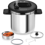 KOCH SYSTEME CS Stainless Steel Pressure Cooker, 8.5QT Capacity, 18/10 Food-Grade Stainless Steel, Induction Ready, Easy One-Press Lock, Glass Lid with Steamer, 3 Adjustable Pressure Settings