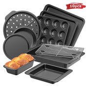 HONGBAKE HB-BS-03-10-GRY 10-Piece Carbon Steel Bakeware Set, Nonstick Diamond Texture, Wide Grips, Stackable, Grey