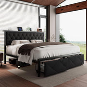 iPormis King Bed Frame with Linen Fabric Upholstered Headboard, Metal Platform with 2 Storage Drawers, Built-In Charging Station, Black