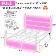 Chuangshuo Guard Full Size Metal Bed Frame with LED Storage Headboard Shelf, USB Port, Noise-Free, White
