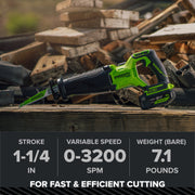 Greenworks Pro PowerAll 24V Brushless Reciprocating Saw, 1-1/4 in Stroke, 3,200 SPM, Tool Only, RS532A1