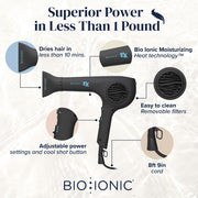 Bio Ionic 10X UltraLight Speed Hair Dryer, 1800W Brushless Motor, Ionic Technology, Adjustable Heat and Speed, Teal Tides Limited Edition
