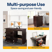 SPECSTAR VH1080US-RE Folding Sewing Craft Table, Rolling Sewing Machine Desk with Storage Shelves, Dark Brown