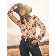 Wrangler Retro Bold Bucking Cowboy Western Snap Shirt for Ladies Cream/Brown M