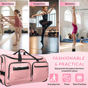 Fegat Dance Duffel Bag with Detachable Garment Rack, Waterproof 300D Oxford Cloth, Lightweight Rolling Costume Suitcase with 10 Pockets, Aluminum Alloy Handle, Pink, 28in