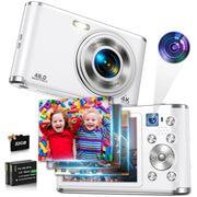 ACTITOP 4K Digital Camera with Autofocus Front and Rear with 32GB Card 48MP Camera - White