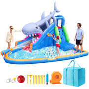 Joyfy Inflatable Water Slide Shark Bounce House with Splash Pool, Basketball Hoop, Climbing Wall, and Water Cannon for Kids 3-12
