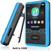 MUSICOZY 32GB Bluetooth 5.0 Mini Clip Portable MP3 Player with FM Radio, Recording, Pedometer, Supports up to 128GB, Blue