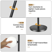 Outon 71in Globe Floor Lamp, Modern 3-Light Dimmable Standing Lamp with Adjustable Color Temperatures, Matte Black, Frosted Glass Shades, LED Bulbs Included