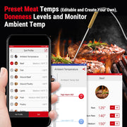 ThermoPro TP25W Bluetooth Grill Meat Thermometer, 4 Stainless Steel Probes, 650ft Wireless Range, Backlit LCD Display, Rechargeable Battery, Black/Red