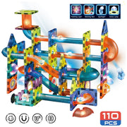 Contixo 110-Piece Glow-in-the-Dark Marble Run Magnetic Tile Set, STEM Building Toy for Ages 3+, Includes LED Light-Up Pieces and Storage Bin