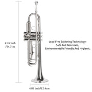 EastRock Bb Trumpet, Nickel-Plated Brass Body, Precision Piston Valves, Adjustable Third Piston Finger Ring, 7C Mouthpiece, Complete Pro Care Kit