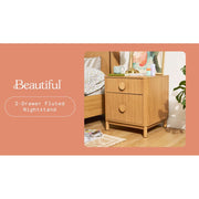 Beautiful 2-Drawer Fluted Nightstand with Built-In Power Station, Warm Honey Finish, Solid Rubberwood