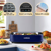 Cusimax Smokeless Electric Indoor Grill, 11.8in, 1500W, Turbo Smoke Extractor, Non-Stick Removable Plate, Tempered Glass Lid, Blue, WS-CMRG-200L