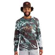 HUK Pursuit Pattern Crew Long Sleeve Athletic T-Shirt, Performance Fabric, Pluff Mud, 3XL, H1200610