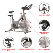 Sunny Health & Fitness Synergy Magnetic Indoor Cycling Bike, 30 lb Flywheel, Silent Belt Drive, Adjustable Seat & Handlebars, Tablet Mount, 275 lb Capacity, SF-B1879