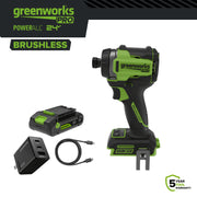 Greenworks Pro 24V 2200 In-lb Brushless Impact Driver with 1/4 in Hex Quick-Connect Chuck, 3-Speed Auto-Shutdown, Includes 2 Ah USB-C Battery ID5250A2
