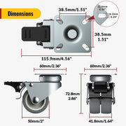 Holkie 2 Inch Swivel Plate Casters Set of 4, Heavy Duty TPR Twin Wheels, Total Capacity 880 lbs, Grey, PBSL2HHH