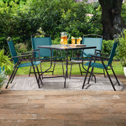 Mainstays Albany Lane 5pc Outdoor Dining Set, Teal Sling Fabric, Black Powder-Coated Steel Frame, Tempered Glass Table with Umbrella Hole, Folding Chairs, MS672807941901
