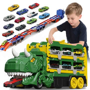 Dinosaur Transport Truck Toy with 12 Alloy Cars, 57-inch Transforming Race Track, Green, Ages 3-5 Toddlers