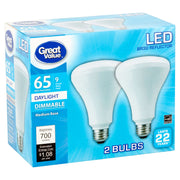 Great Value GVRLBR3065W50KD LED Light Bulbs, 9W Dimmable Daylight 2pk
