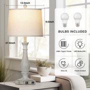 Cinkeda Table Lamps Set of 2, 3-Way Dimmable Touch Control, Beige Linen Shade, Resin Farmhouse Rattan Base with USB A+C Ports and AC Outlet