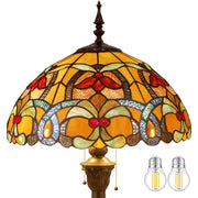 Werfactory Tiffany Style Floor Lamp, 16in Wide Stained Glass Crystal Bead Flower Shade, 64in High Bronze Antique Resin Base, 2 LED Lights Included
