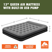 Ozark Trail Queen Air Mattress, 13in Height, Built-In USB Pump, Supportive Coil Beams, Velvet-Like Surface, Includes Repair Patch and Storage Bag, 13448