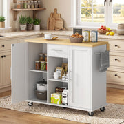 Walsunny Kitchen Island Cart with Expandable Drop Leaf Table, 1 Drawer, 2 Magnetic Door Cabinets, 2 Open Shelves, 5 Wheels with 2 Lockable, Stainless Steel Towel Rack, White