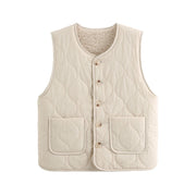 Panan Women Casual Quilted Fleece Lined Crew Neck Button-Front Vest with Patch Pockets,  Off-White and Brown, XXL