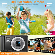 MARVUE Digital Camera, 5K UHD Video, 72MP Photography, Autofocus with Macro, 16X Digital Zoom, Integrated LED Fill Light, 2.8-Inch HD IPS Screen, White