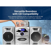 Emerson Portable CD Player Boombox with Cassette Player, Digital AM/FM Radio, MP3 AUX Input, Detachable Stereo Speakers, AC/DC and Battery Operated, Silver, EPB-4000-SL